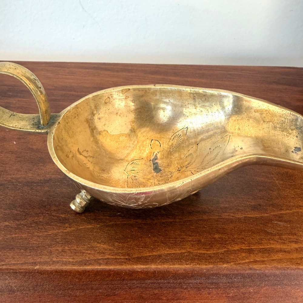 Vintage Etched Brass Footed Trinket Dish Floral Hand Engraved China 4.5 Inch